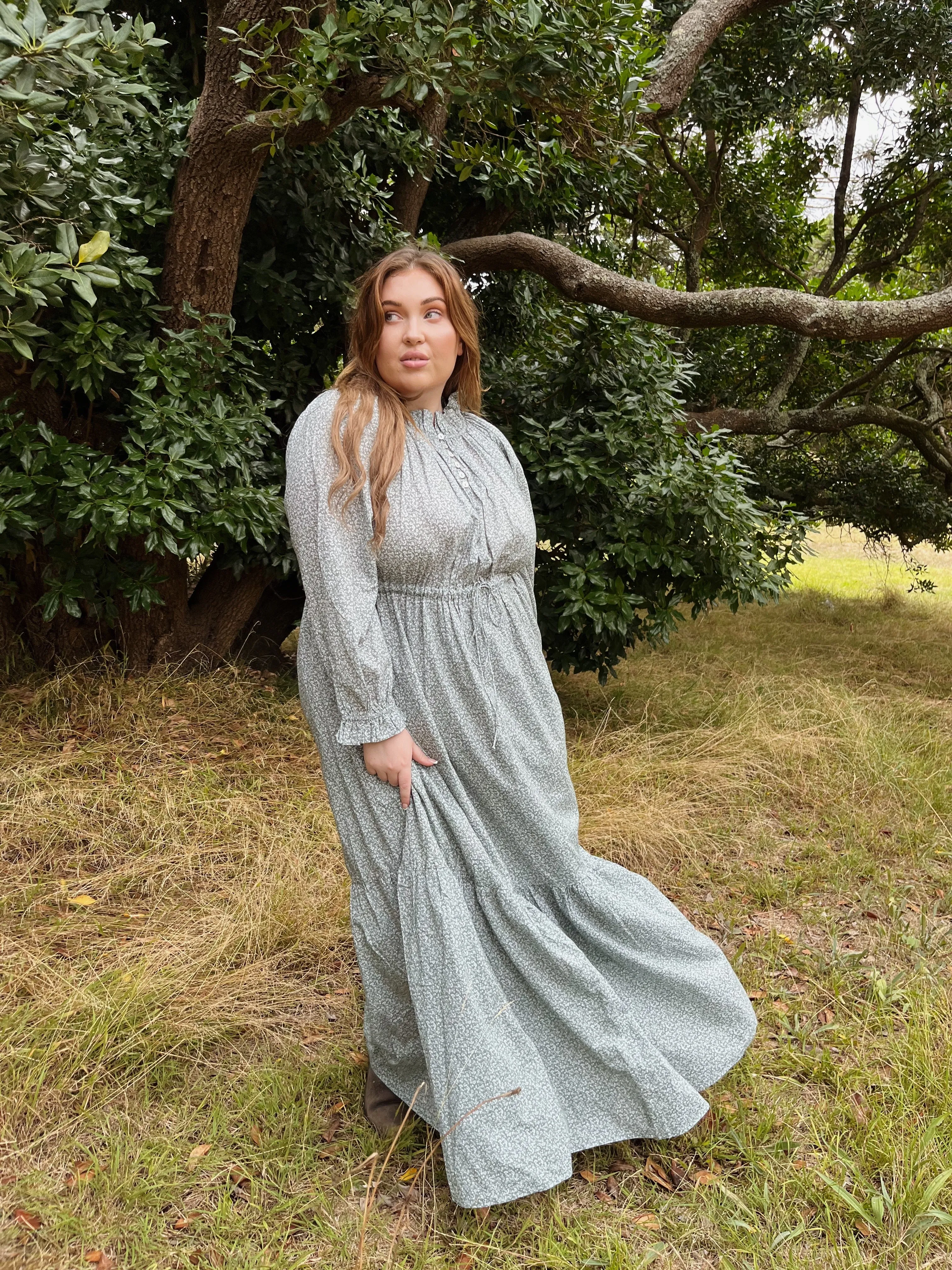 100% RECYCLED COTTON - PRAIRIE MAXI DRESS SAGE GREEN FLORAL
