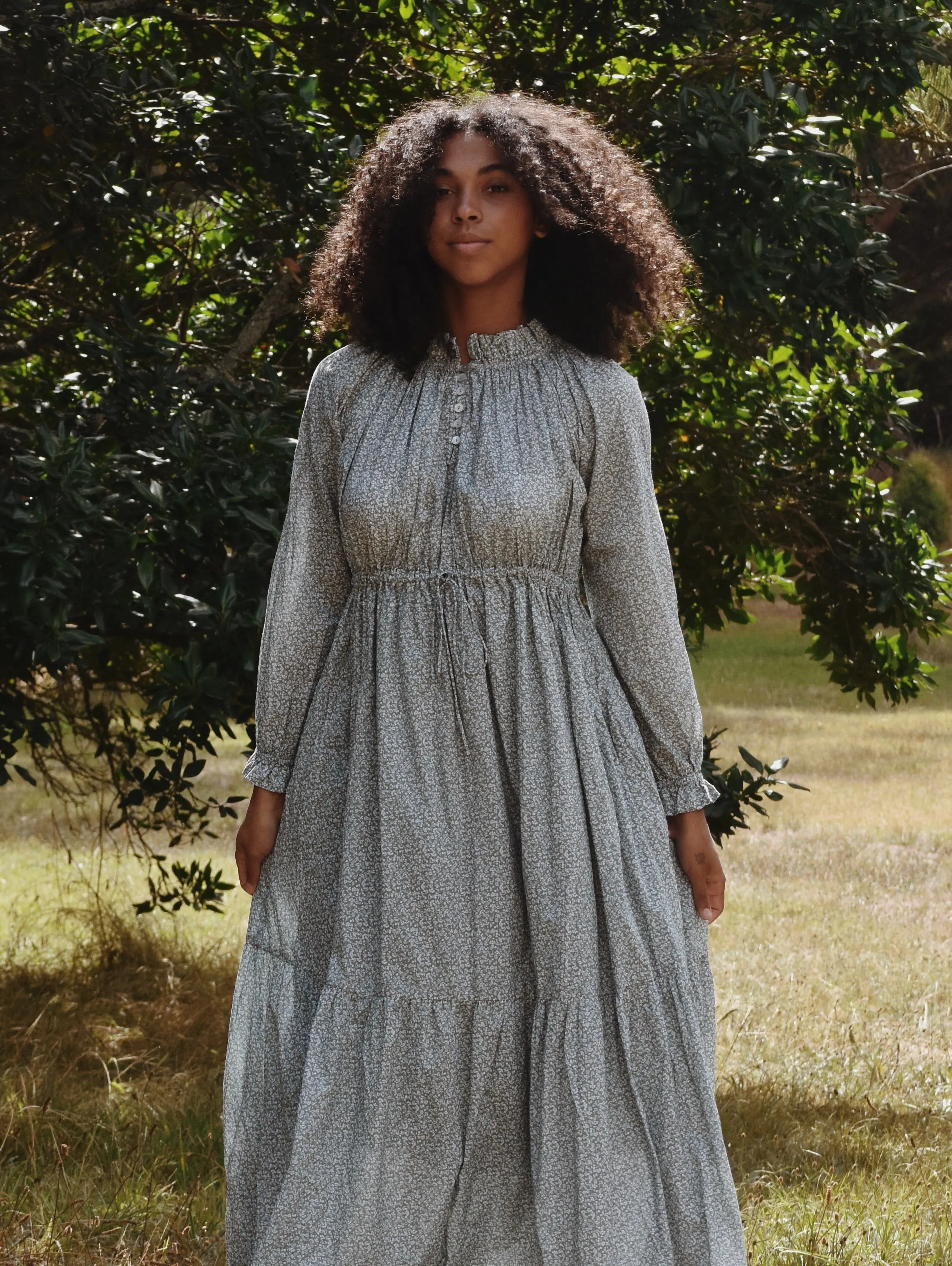 100% RECYCLED COTTON - PRAIRIE MAXI DRESS SAGE GREEN FLORAL