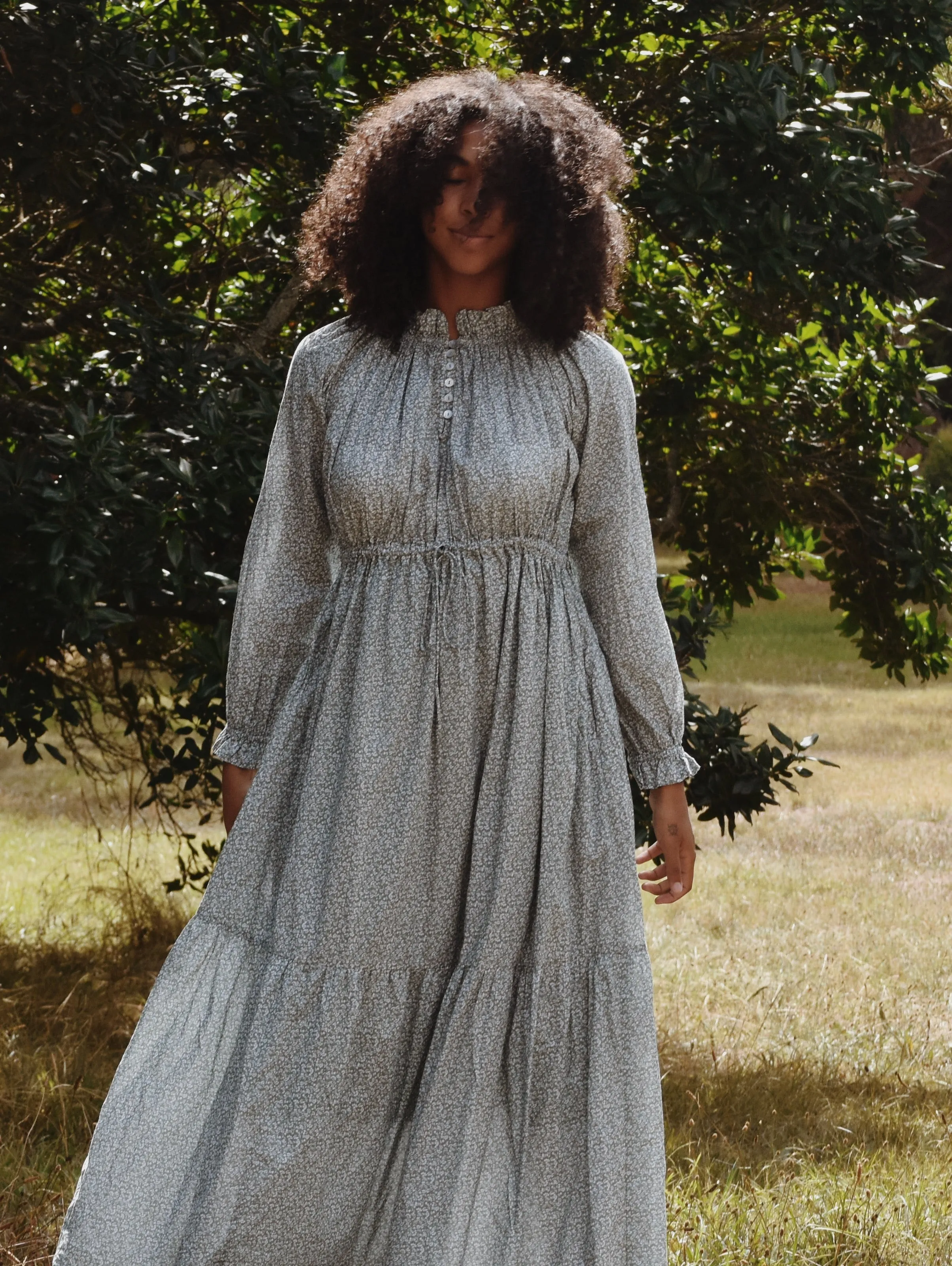 100% RECYCLED COTTON - PRAIRIE MAXI DRESS SAGE GREEN FLORAL