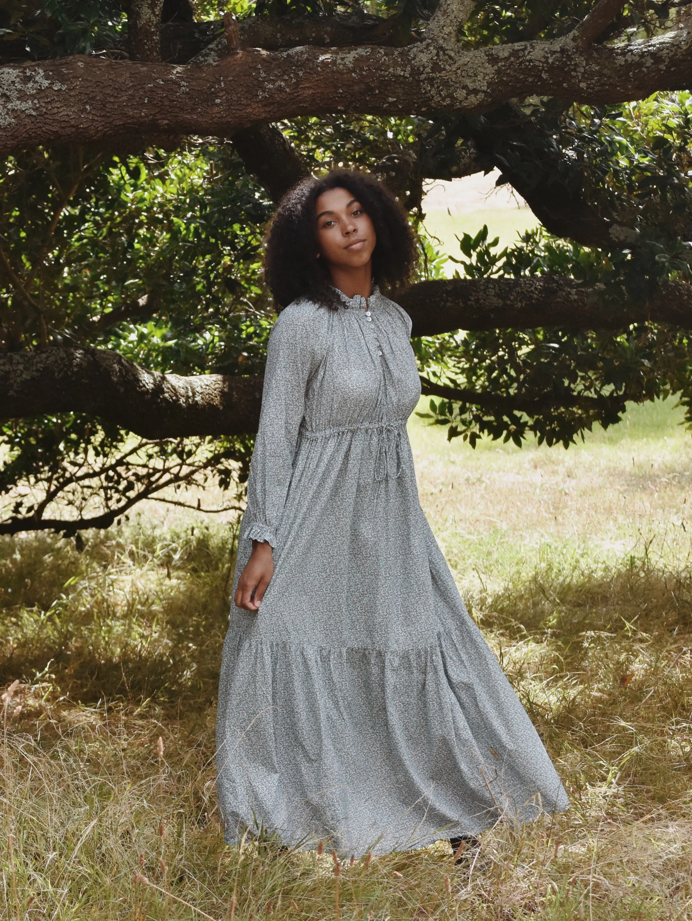 100% RECYCLED COTTON - PRAIRIE MAXI DRESS SAGE GREEN FLORAL