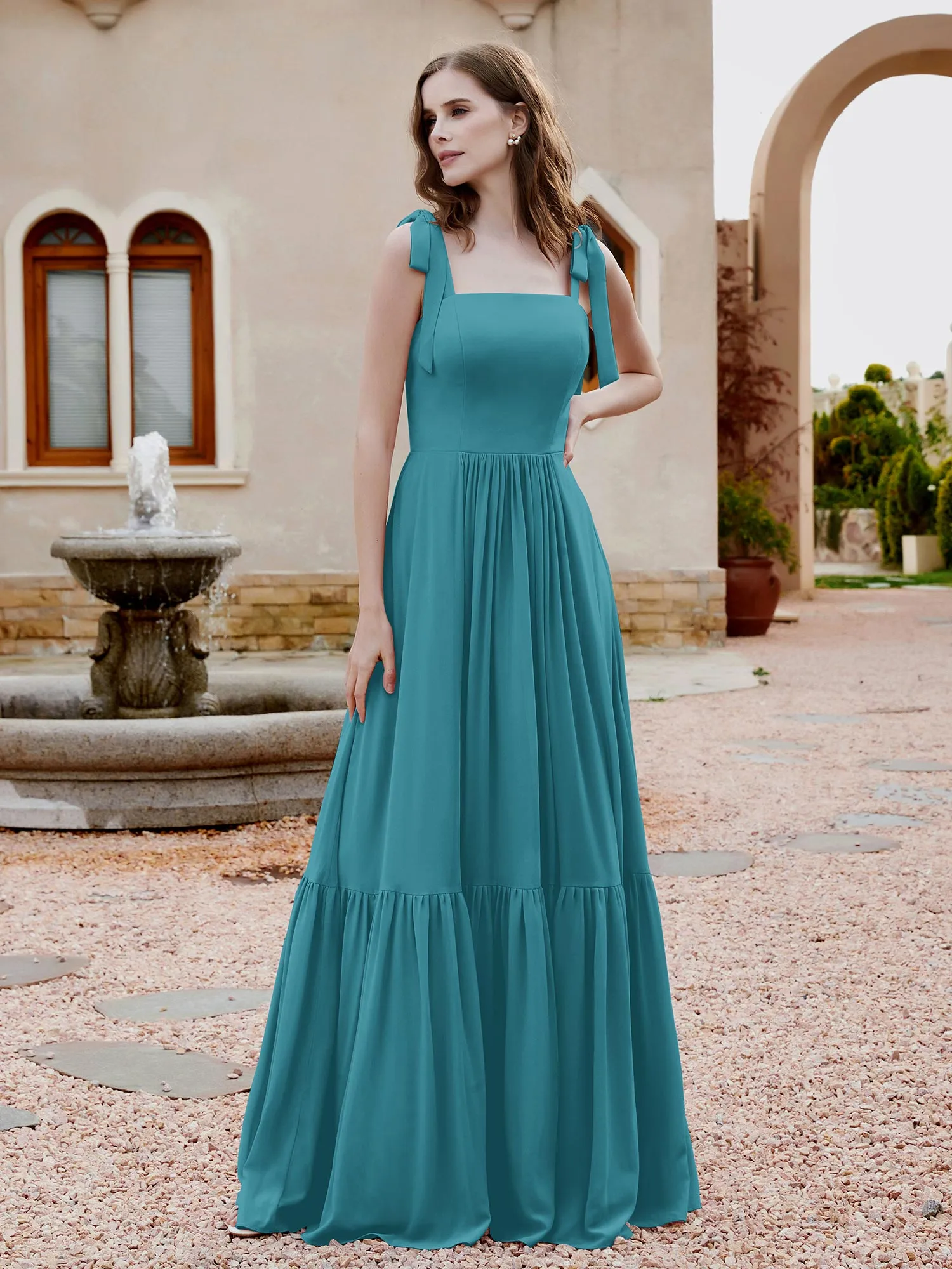 A-Line Bow Ruffle Sleeveless Chiffon Dress Jade Plus Size