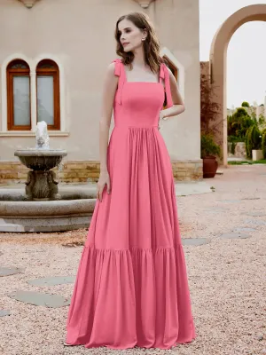 A-Line Bow Ruffle Sleeveless Chiffon Dress Watermelon