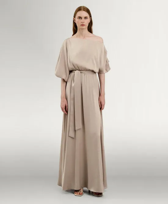 Access Fashion Sand Satin Dress With Asymmetric Sleeves