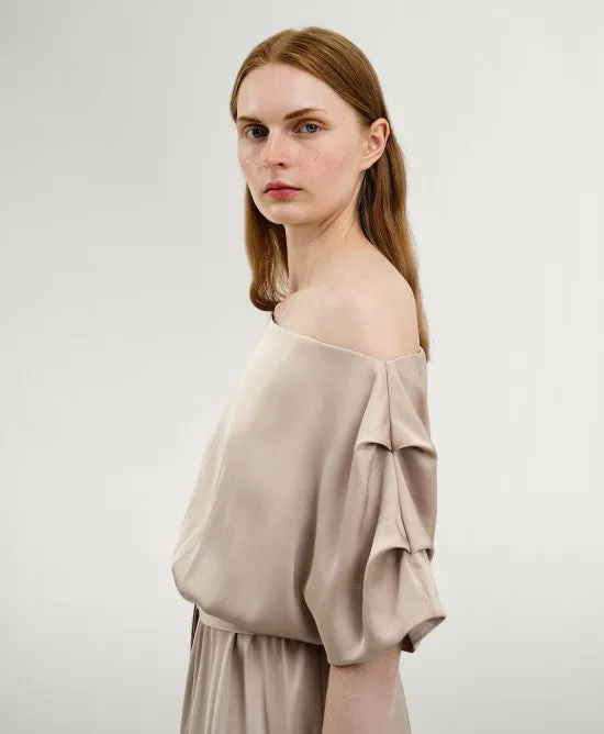 Access Fashion Sand Satin Dress With Asymmetric Sleeves