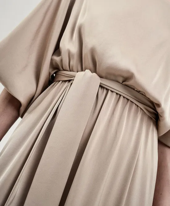 Access Fashion Sand Satin Dress With Asymmetric Sleeves