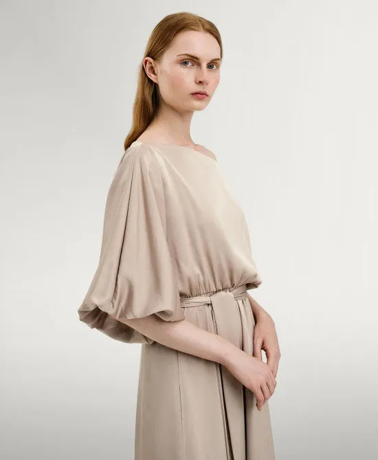 Access Fashion Sand Satin Dress With Asymmetric Sleeves