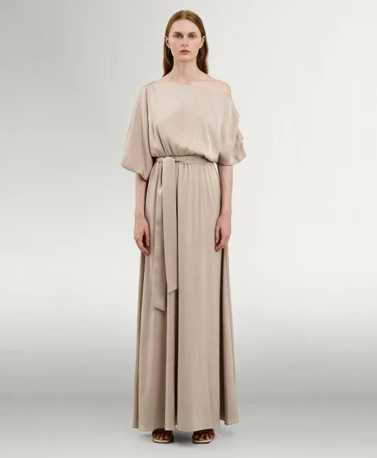 Access Fashion Sand Satin Dress With Asymmetric Sleeves