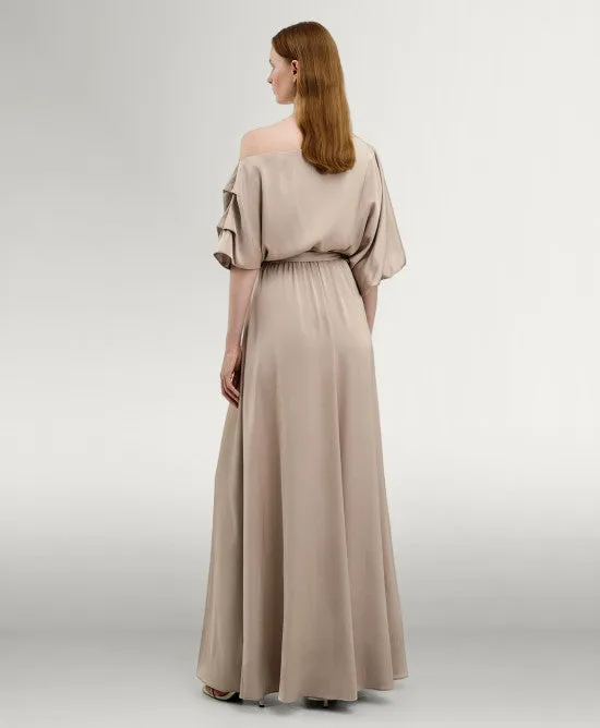 Access Fashion Sand Satin Dress With Asymmetric Sleeves