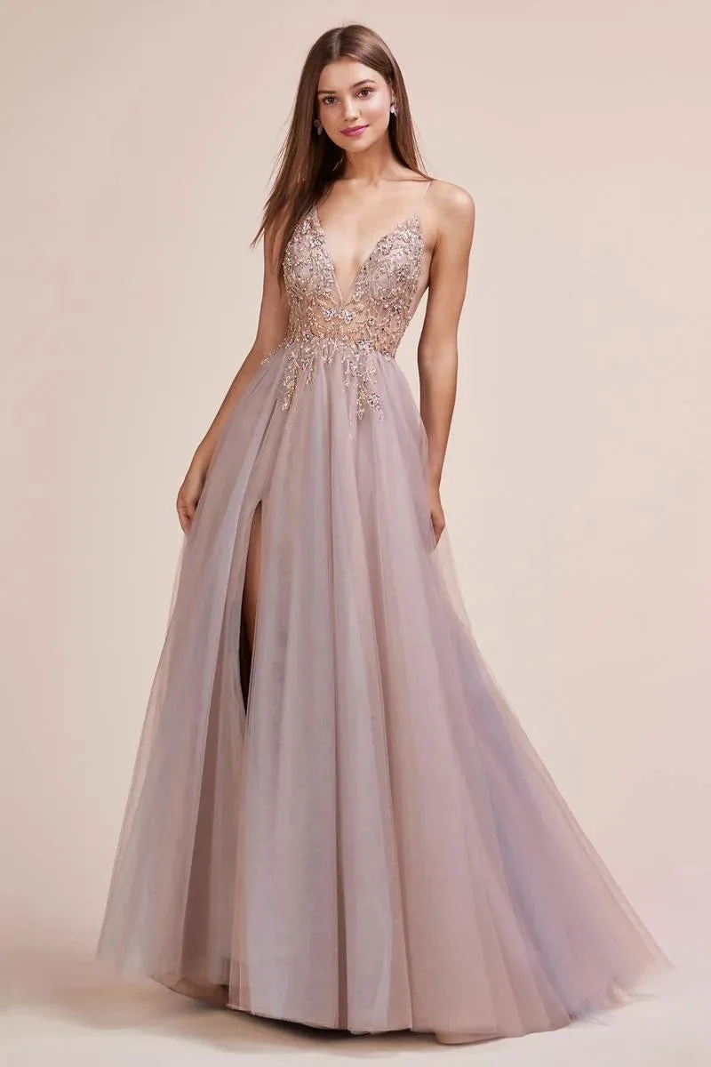 Andrea & Leo OPHELIA Dress A0672 Shimmer Maxi Slit Sheer Formal Dress A Line Beaded