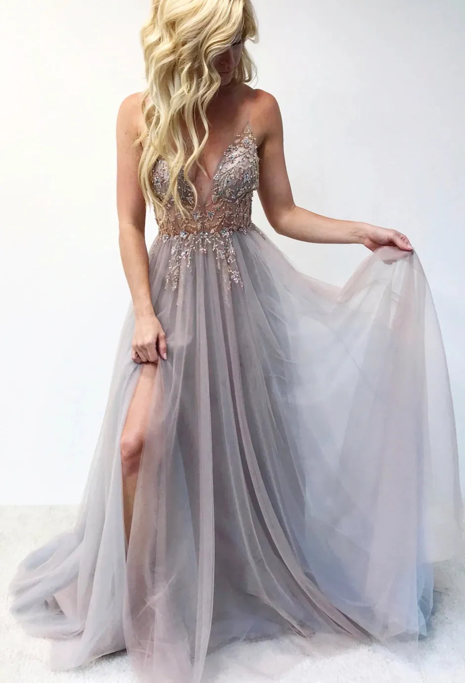 Andrea & Leo OPHELIA Dress A0672 Shimmer Maxi Slit Sheer Formal Dress A Line Beaded