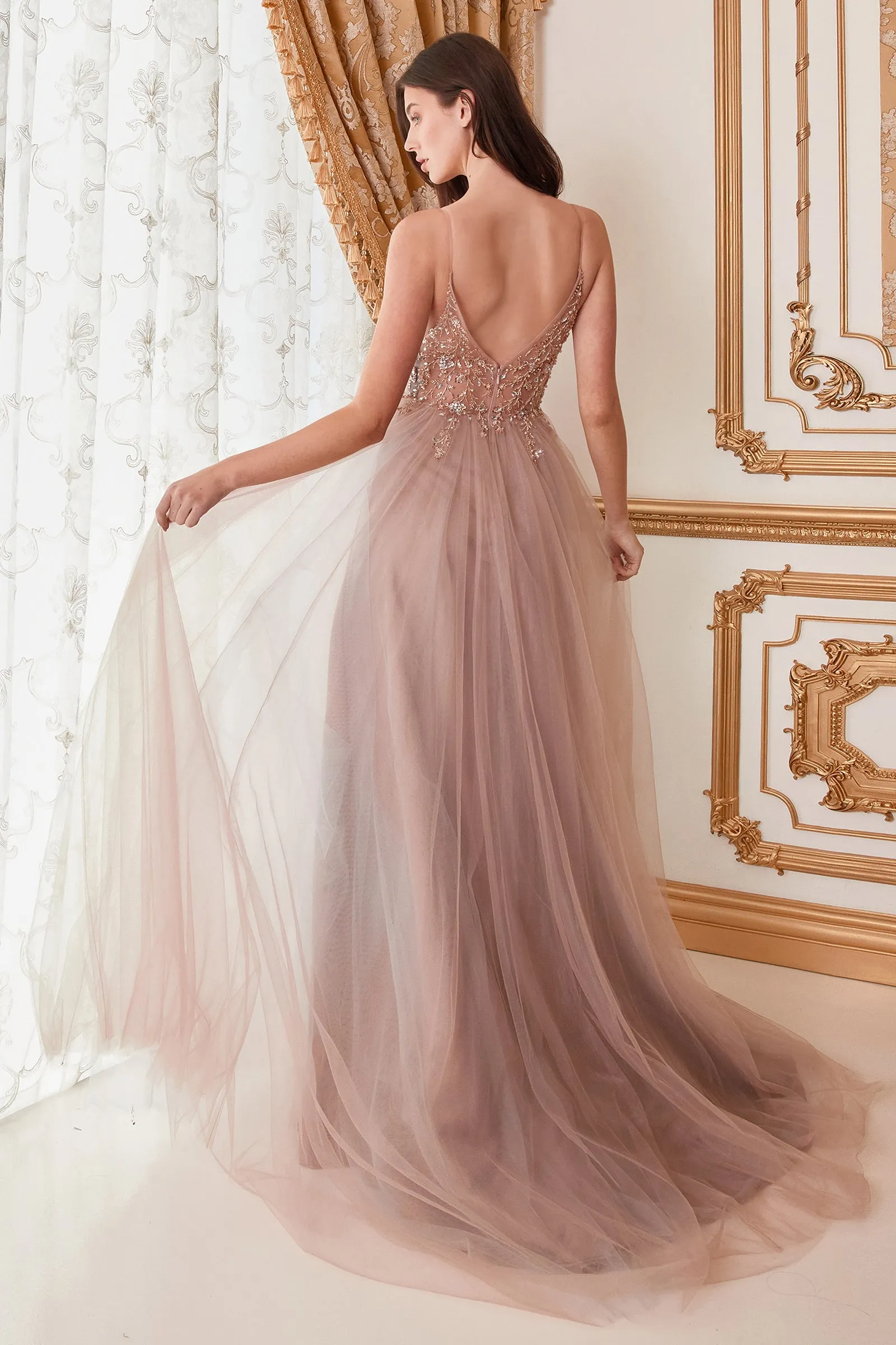 Andrea & Leo OPHELIA Dress A0672 Shimmer Maxi Slit Sheer Formal Dress A Line Beaded