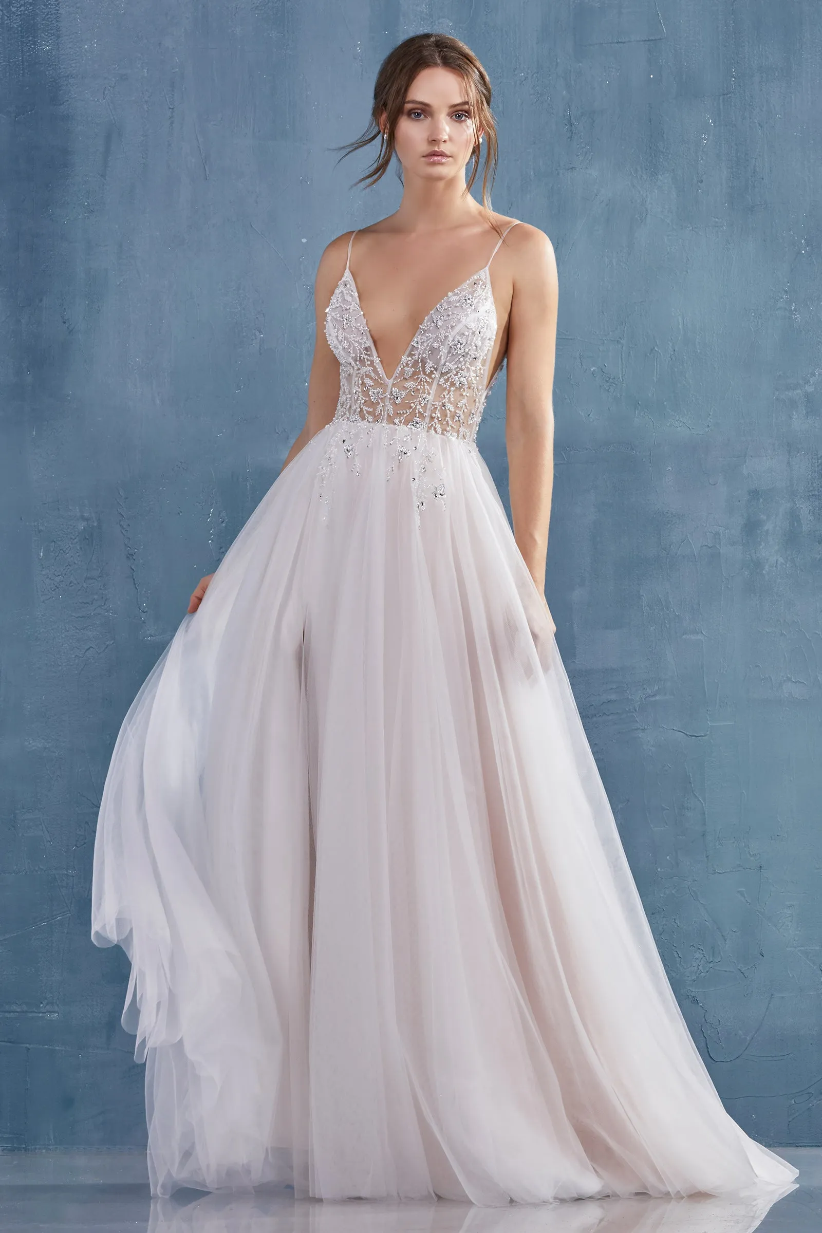 Andrea & Leo OPHELIA Dress A0672 Shimmer Maxi Slit Sheer Formal Dress A Line Beaded