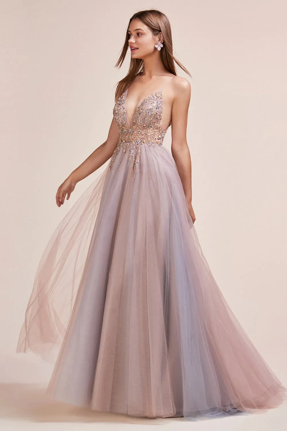 Andrea & Leo OPHELIA Dress A0672 Shimmer Maxi Slit Sheer Formal Dress A Line Beaded