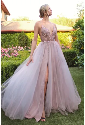 Andrea & Leo OPHELIA Dress A0672 Shimmer Maxi Slit Sheer Formal Dress A Line Beaded