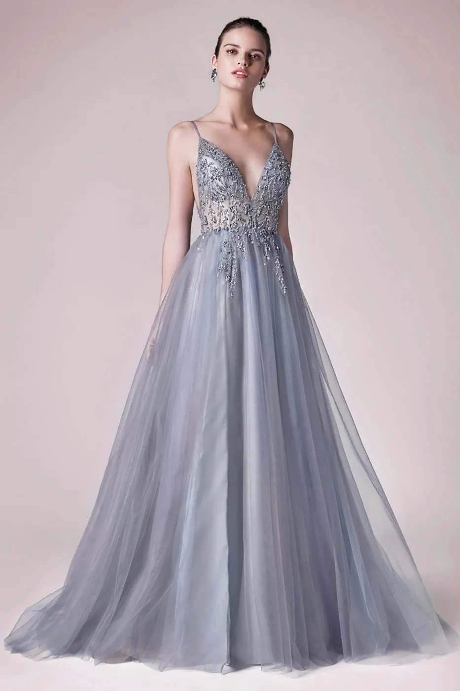 Andrea & Leo OPHELIA Dress A0672 Shimmer Maxi Slit Sheer Formal Dress A Line Beaded