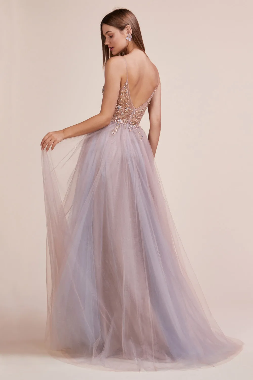 Andrea & Leo OPHELIA Dress A0672 Shimmer Maxi Slit Sheer Formal Dress A Line Beaded