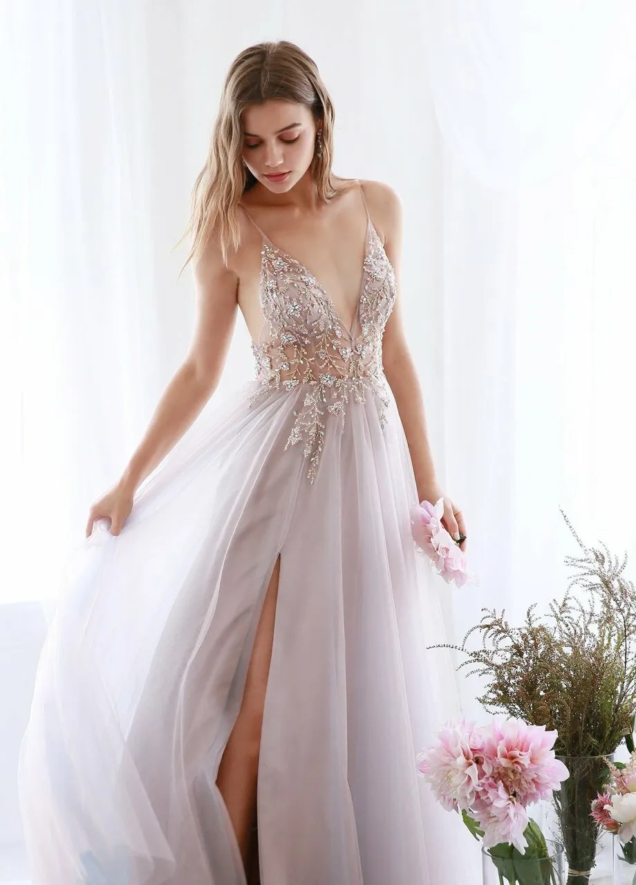Andrea & Leo OPHELIA Dress A0672 Shimmer Maxi Slit Sheer Formal Dress A Line Beaded