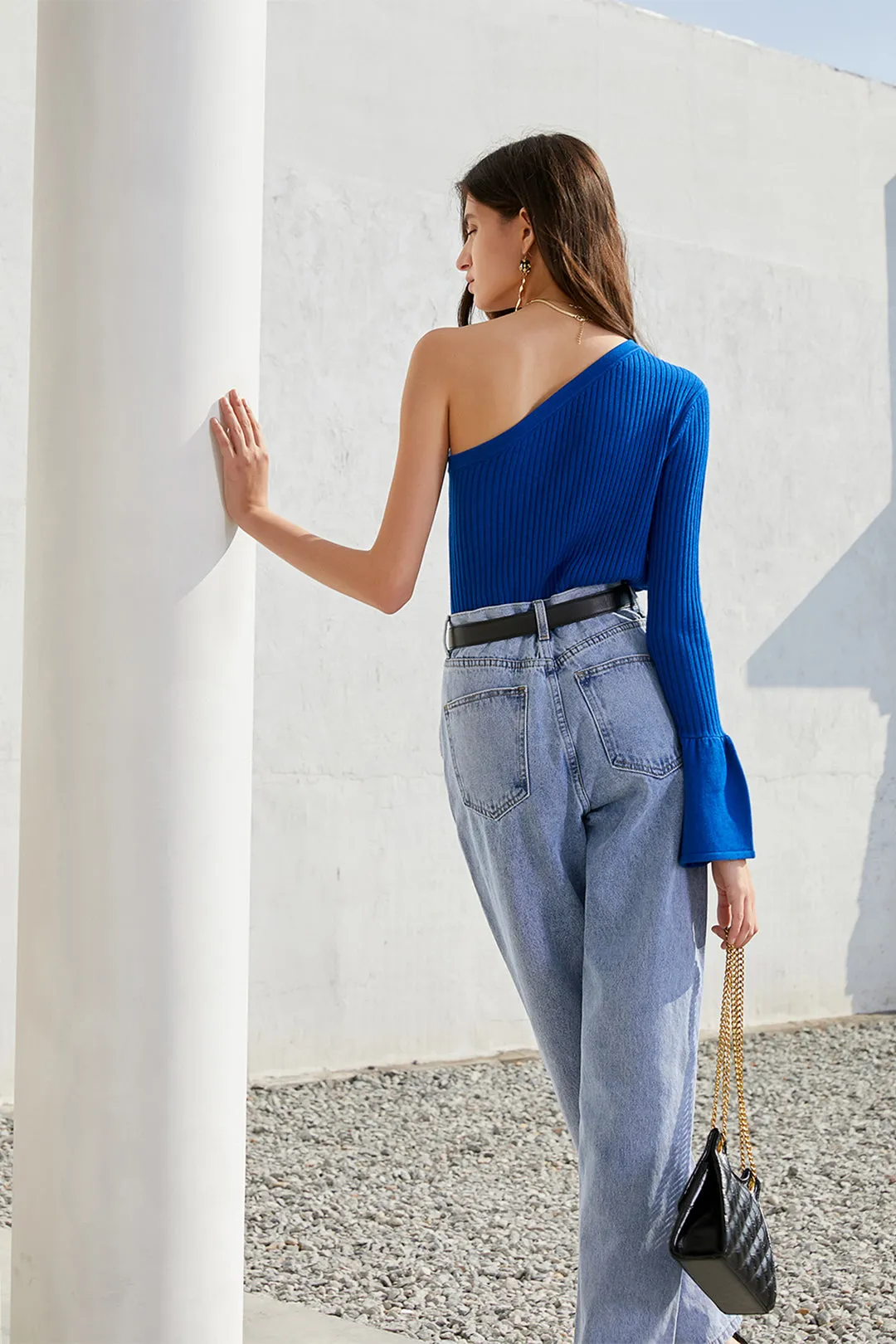 Asymmetrical off-shoulder top | Slim knit top | Street top