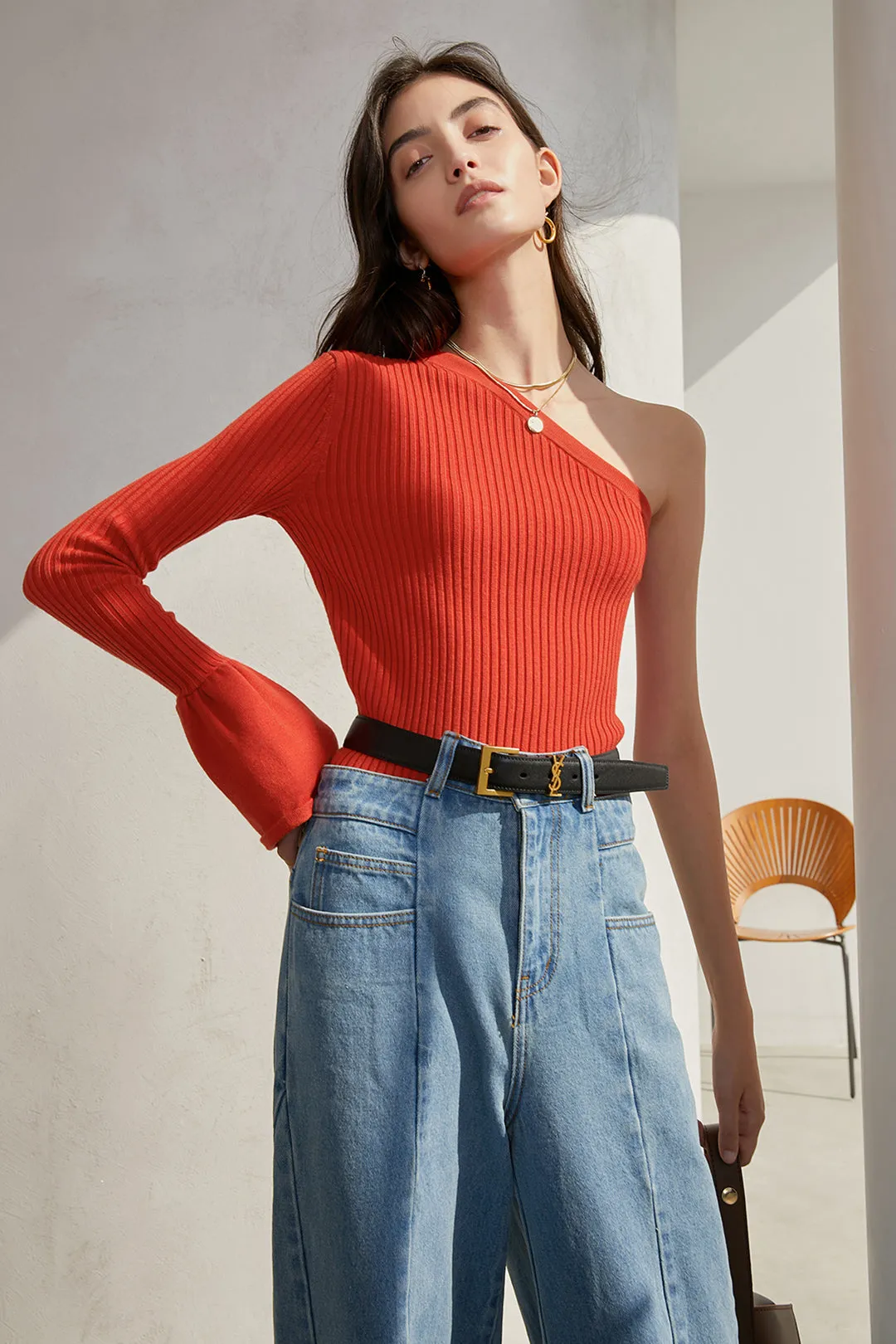 Asymmetrical off-shoulder top | Slim knit top | Street top