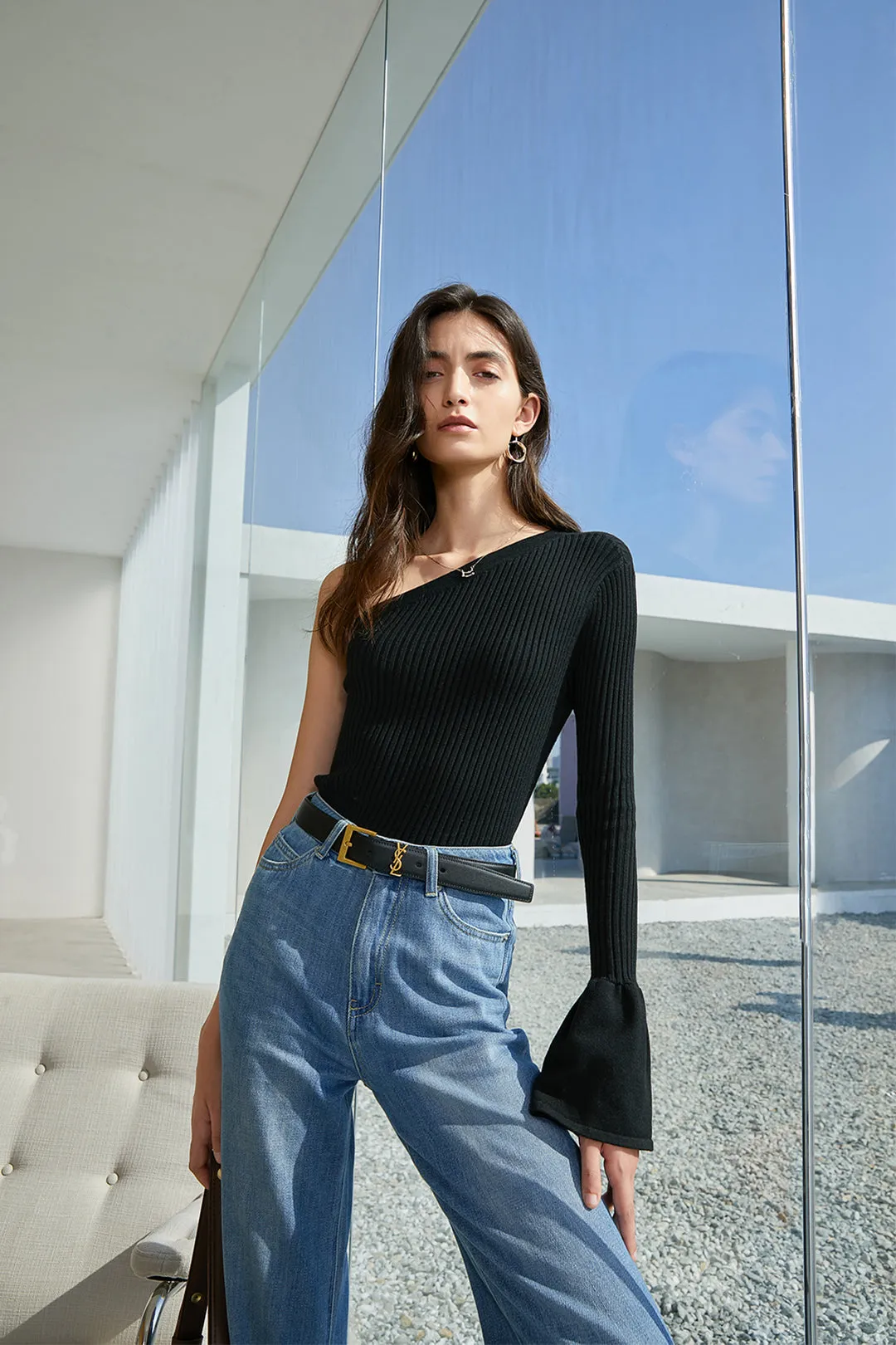 Asymmetrical off-shoulder top | Slim knit top | Street top