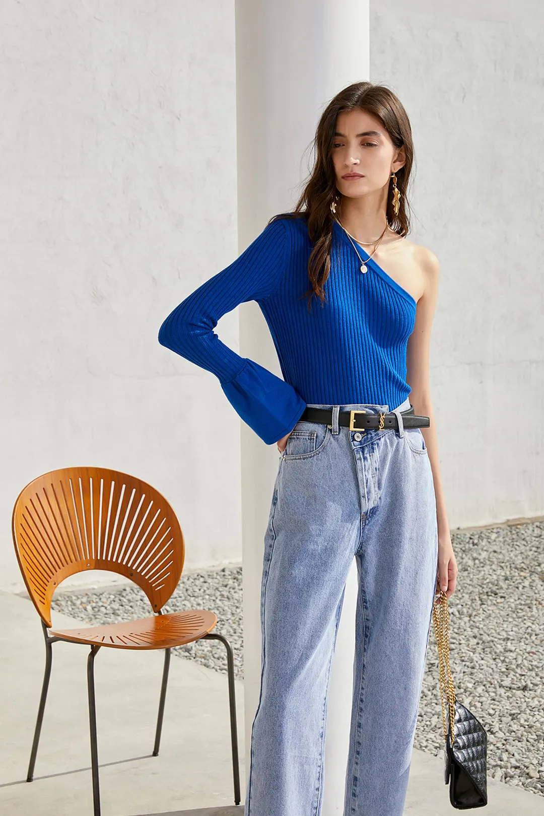 Asymmetrical off-shoulder top | Slim knit top | Street top