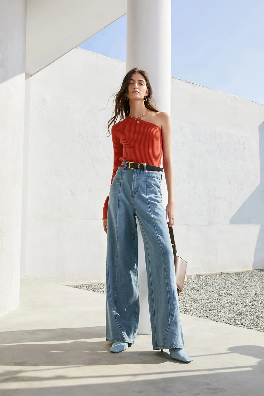 Asymmetrical off-shoulder top | Slim knit top | Street top