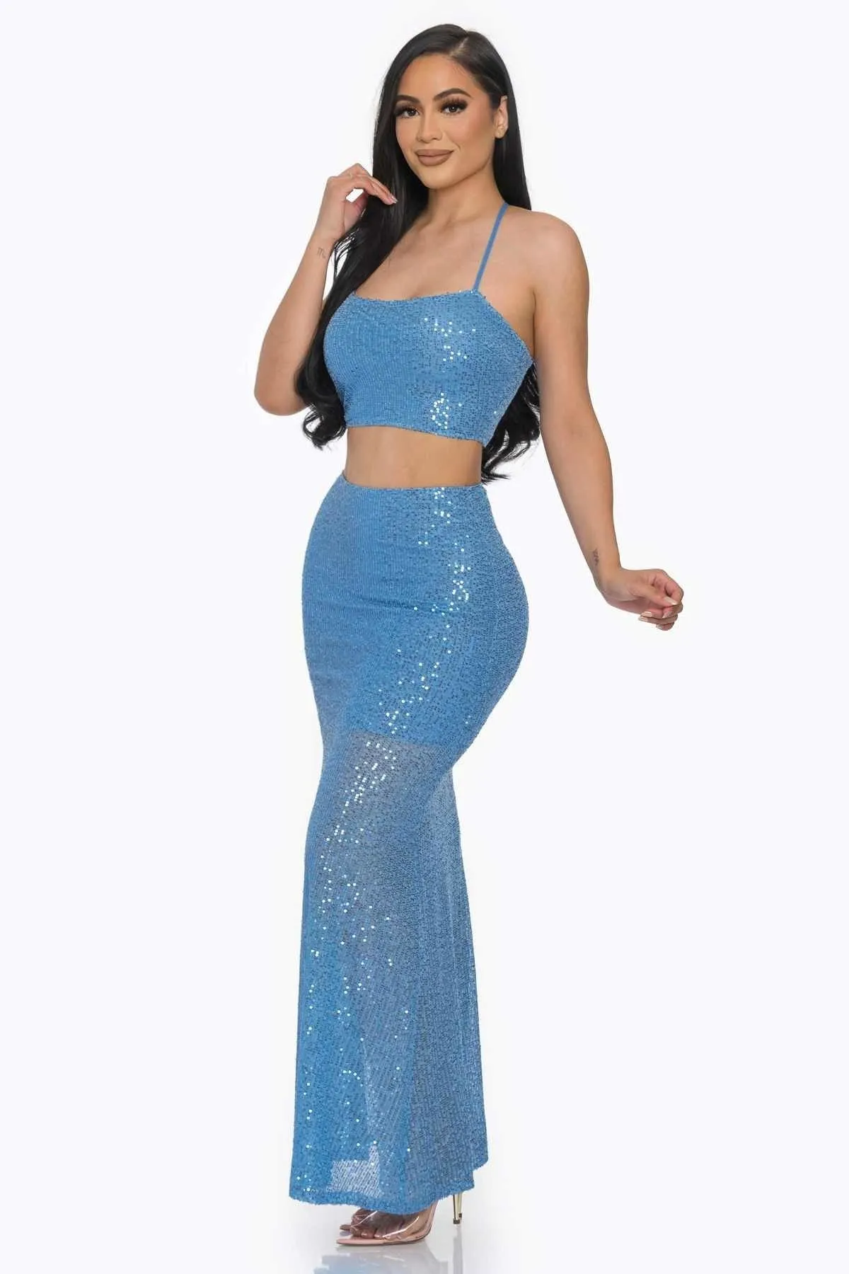 Baby Blue Sexy Back Sequin Maxi Dress