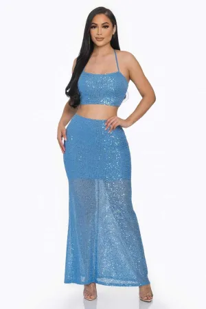 Baby Blue Sexy Back Sequin Maxi Dress