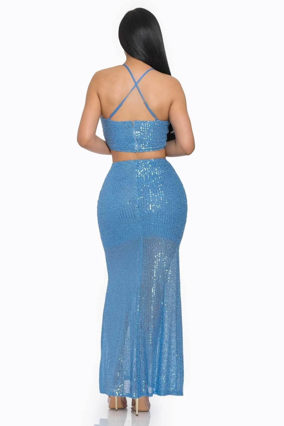 Baby Blue Sexy Back Sequin Maxi Dress
