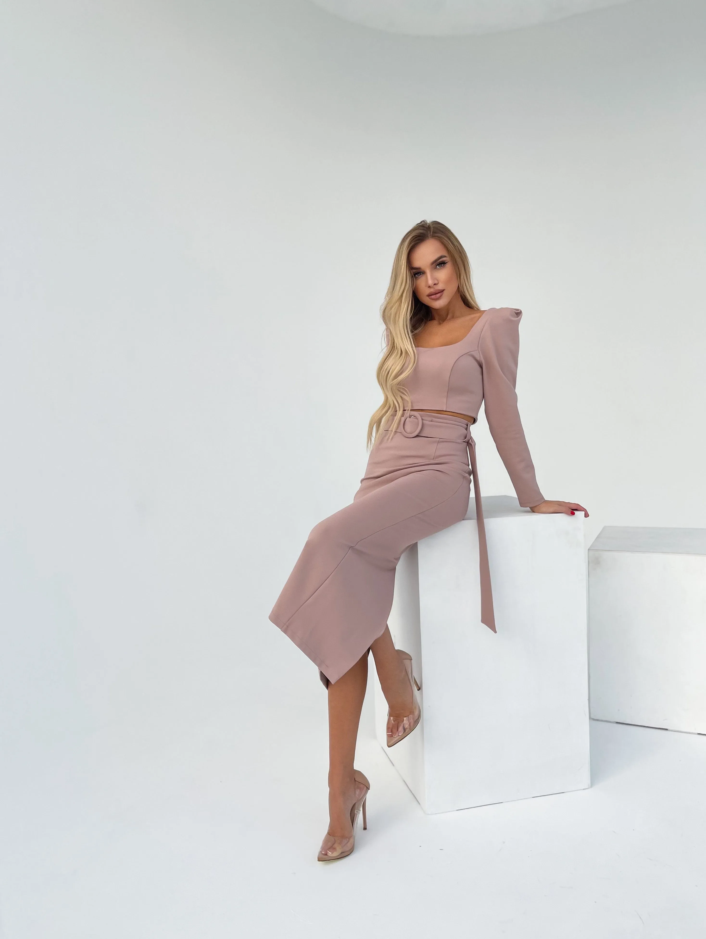 Beige Long Sleeve Top & Maxi Skirt 2-Piece Set