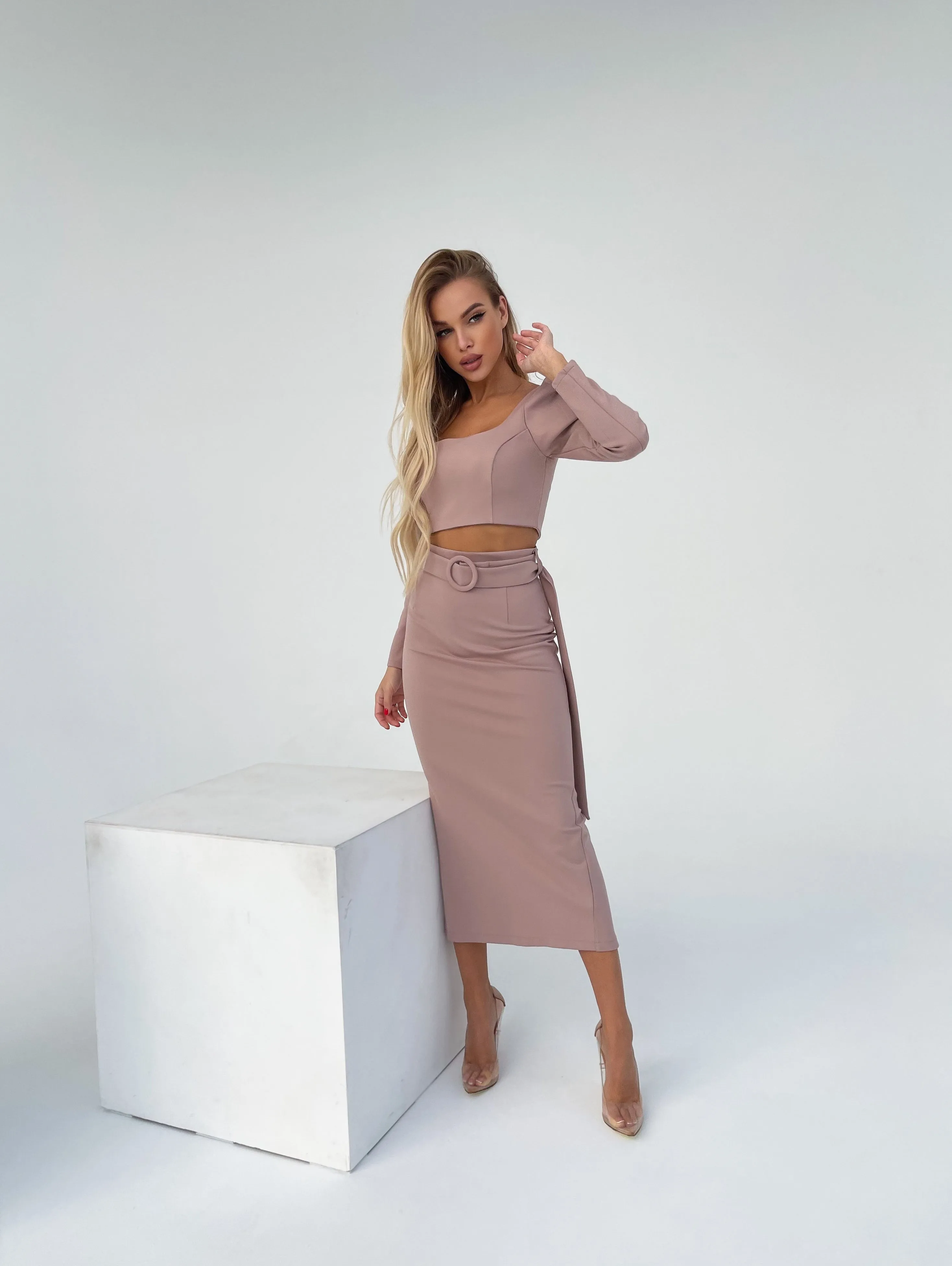 Beige Long Sleeve Top & Maxi Skirt 2-Piece Set