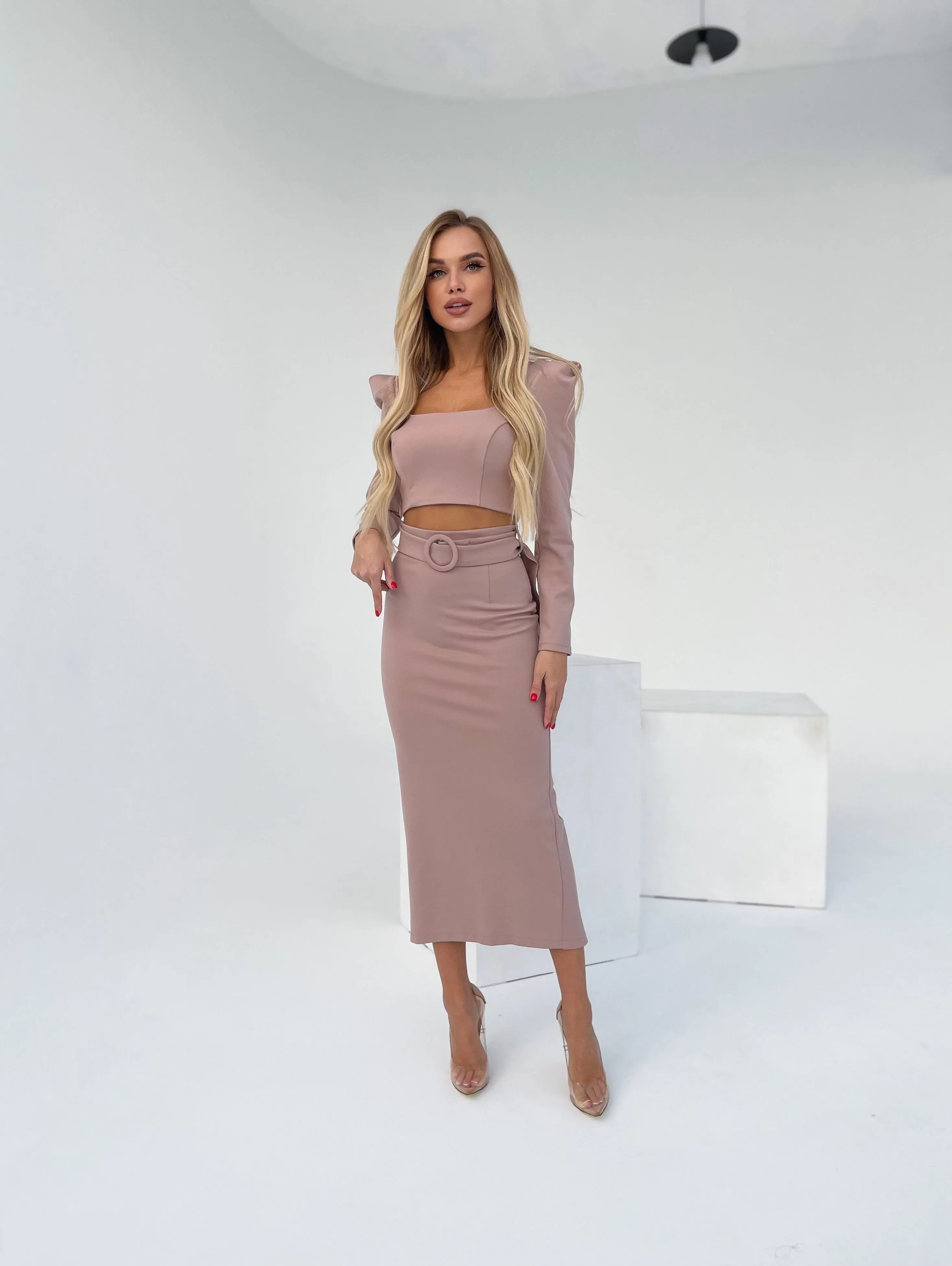 Beige Long Sleeve Top & Maxi Skirt 2-Piece Set