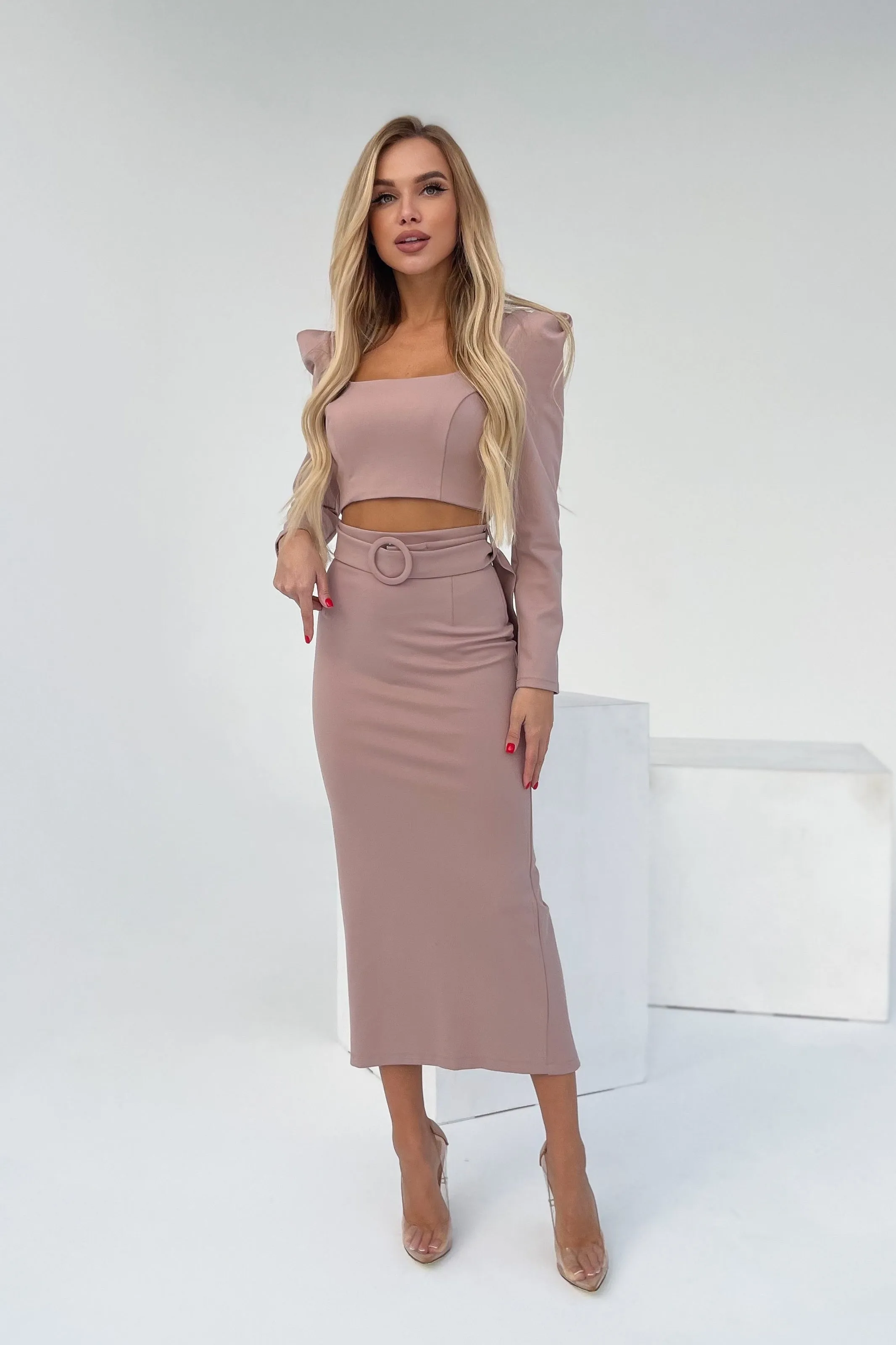Beige Long Sleeve Top & Maxi Skirt 2-Piece Set