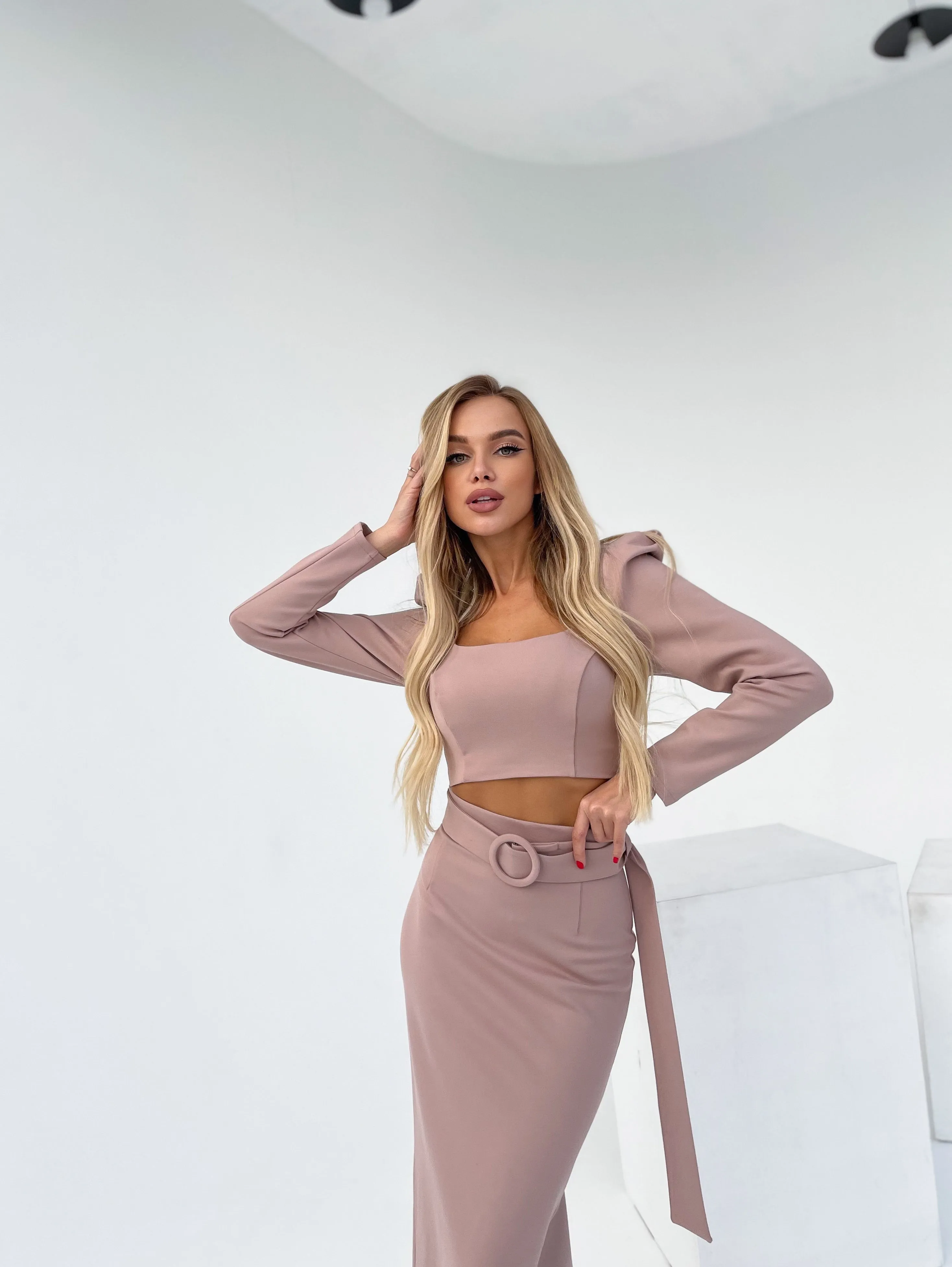Beige Long Sleeve Top & Maxi Skirt 2-Piece Set