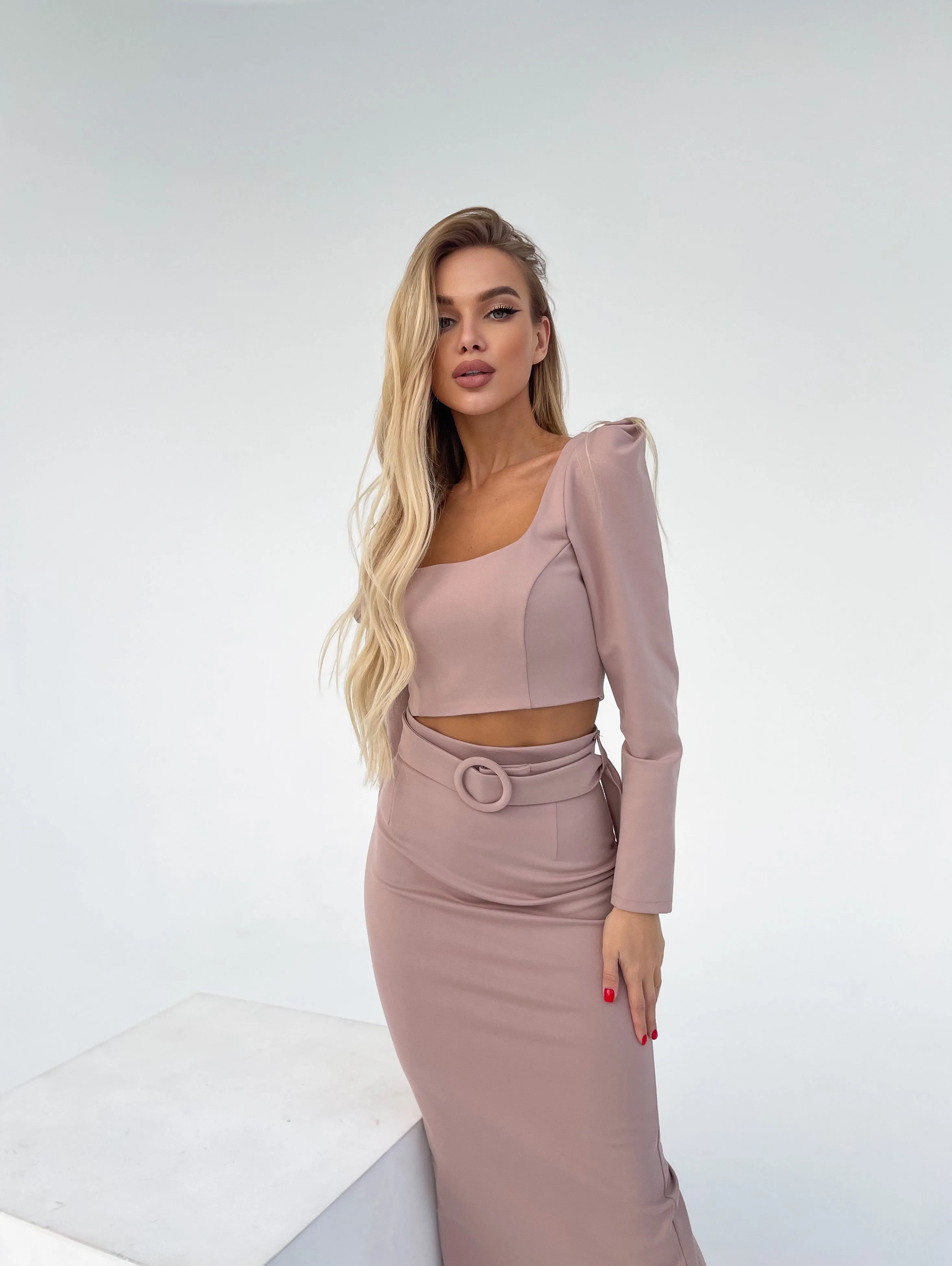 Beige Long Sleeve Top & Maxi Skirt 2-Piece Set