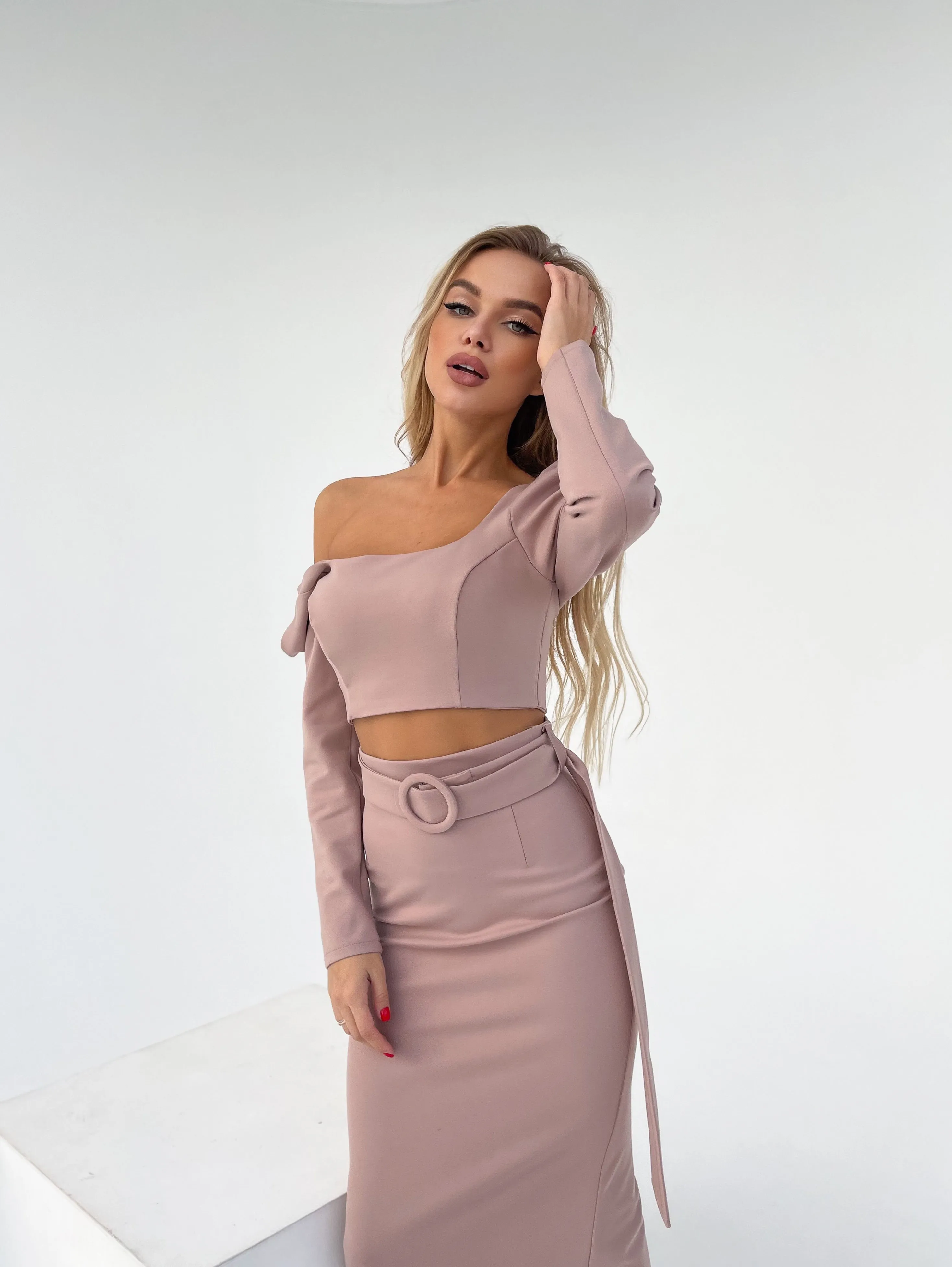 Beige Long Sleeve Top & Maxi Skirt 2-Piece Set
