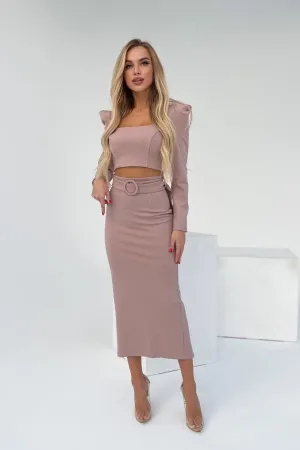 Beige Long Sleeve Top & Maxi Skirt 2-Piece Set