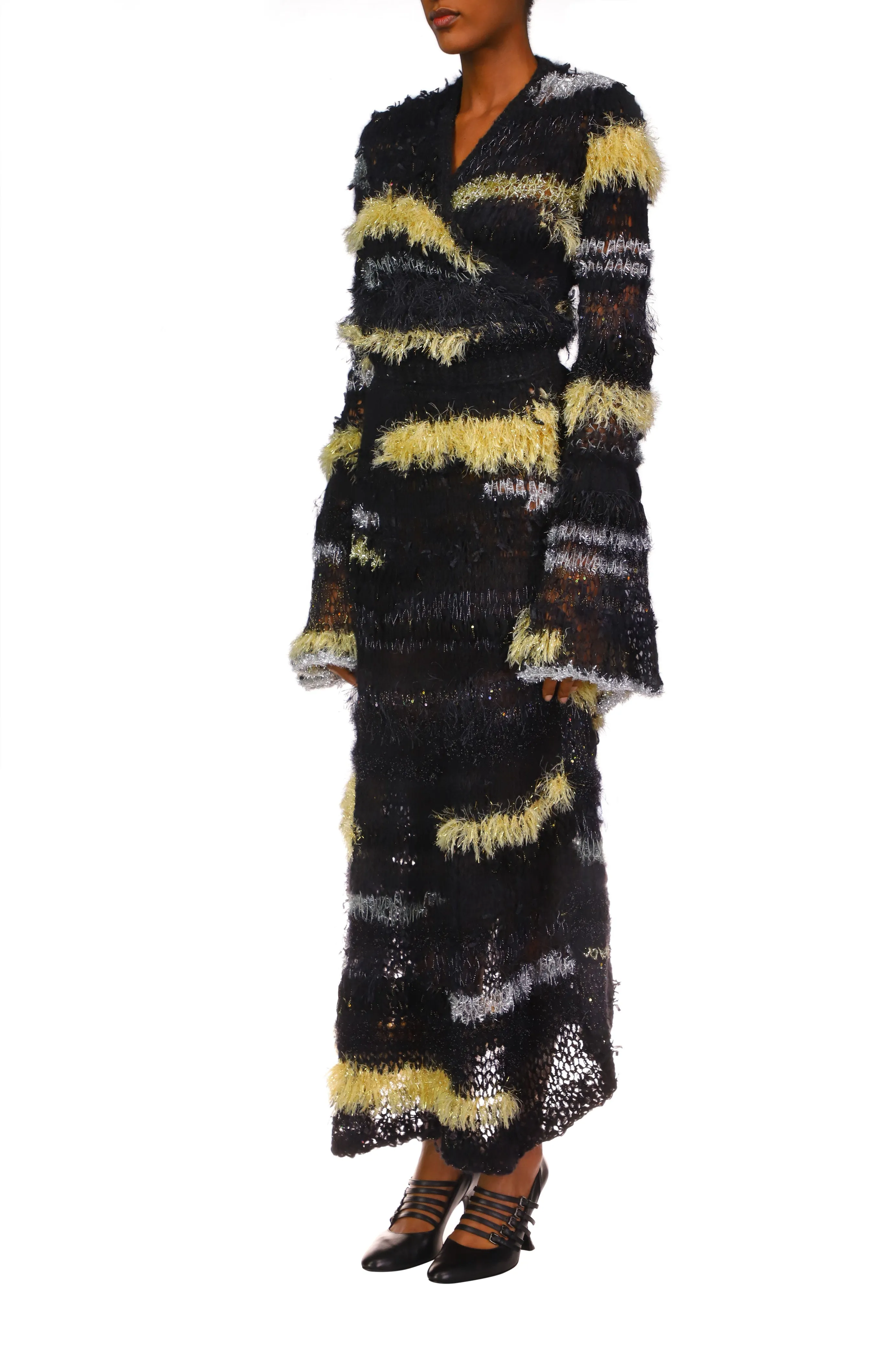 Black And Yellow Hand Loose Knit Wrap Sweater