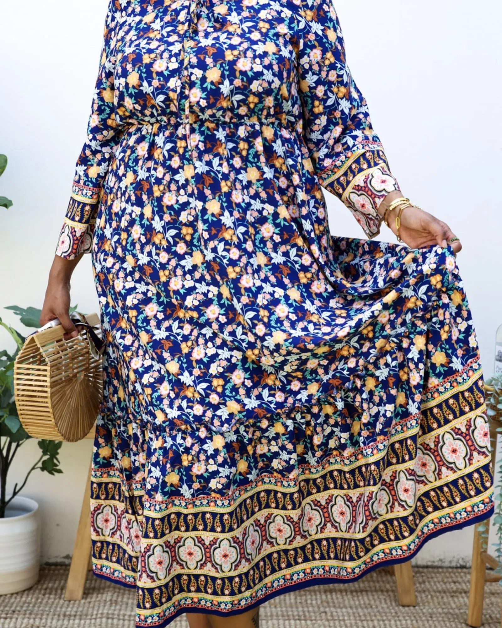 Boho Floral Empire Waist Paisley Print Maxi Dress | Black