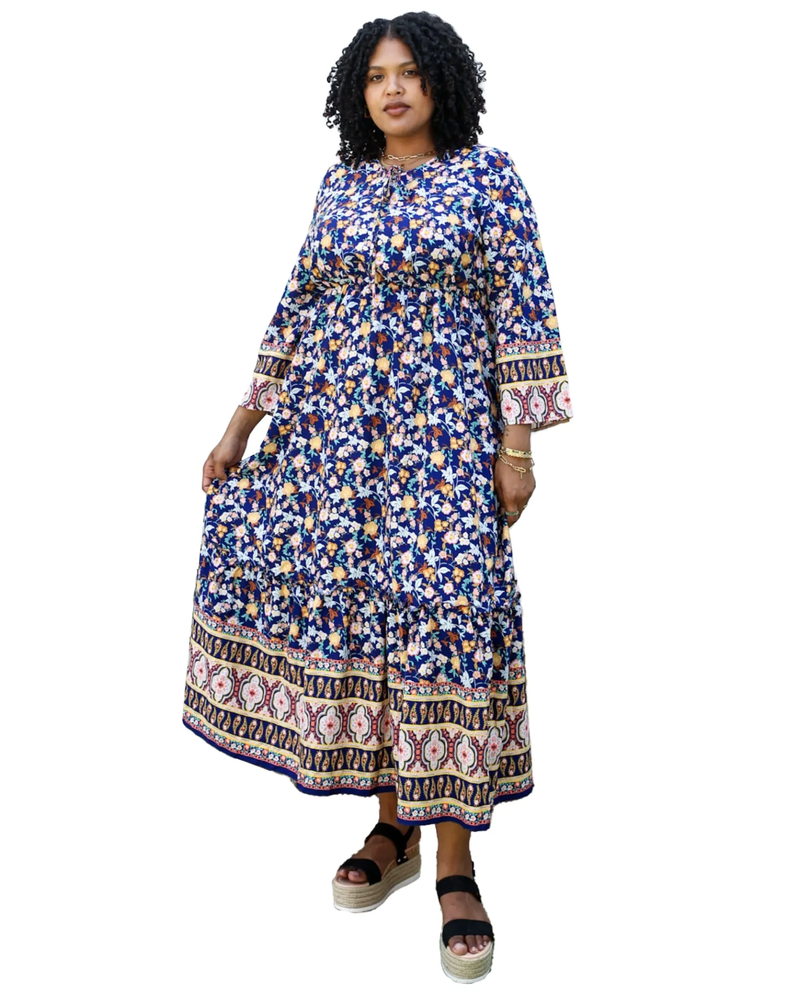 Boho Floral Empire Waist Paisley Print Maxi Dress | Black