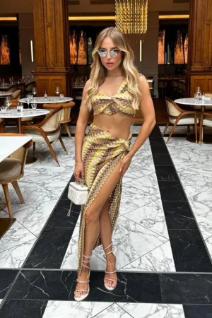 Cassia yellow knot crop top and maxi skirt co-ord