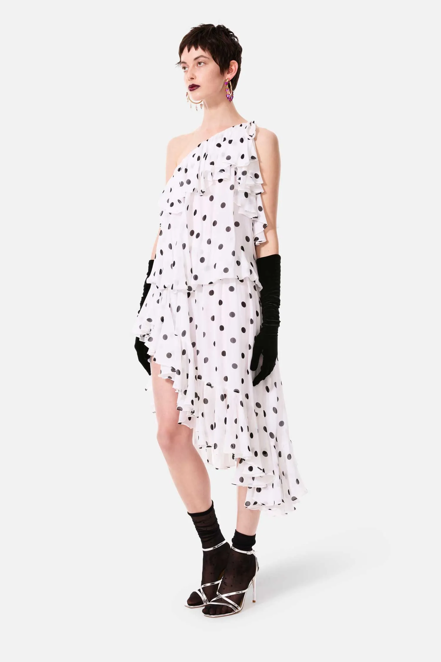 cosmic one shoulder frill dress