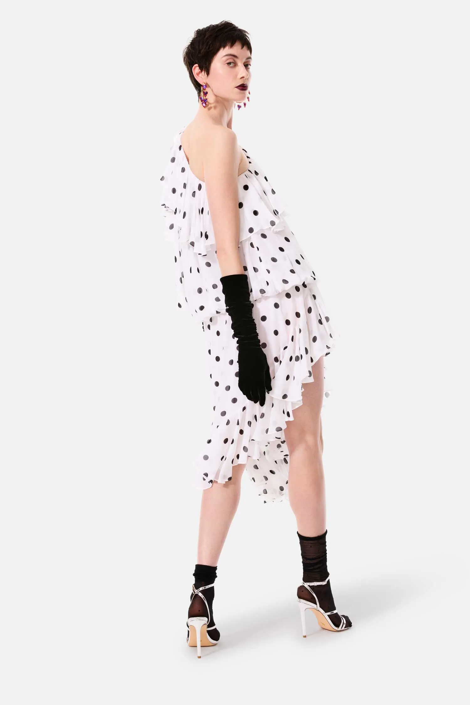 cosmic one shoulder frill dress