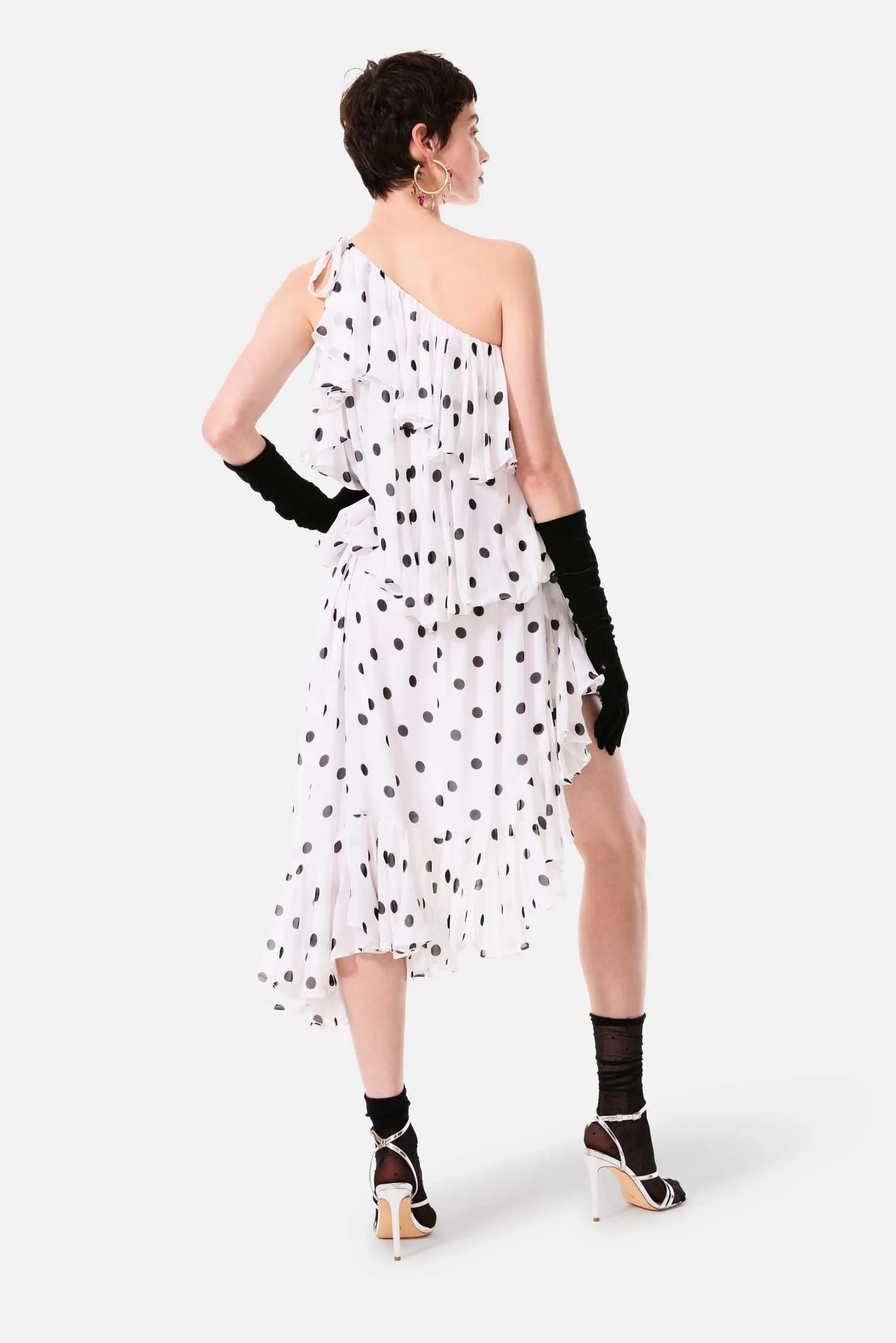 cosmic one shoulder frill dress