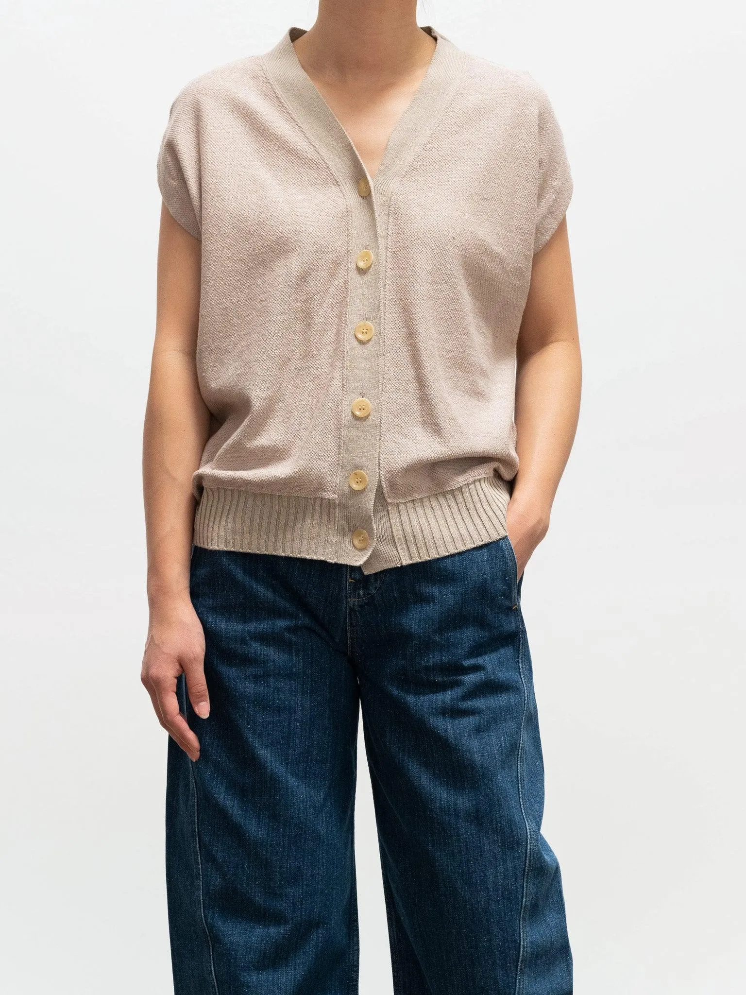 Cotton Linen Seed Stitch French Sleeve Cardigan - Beige