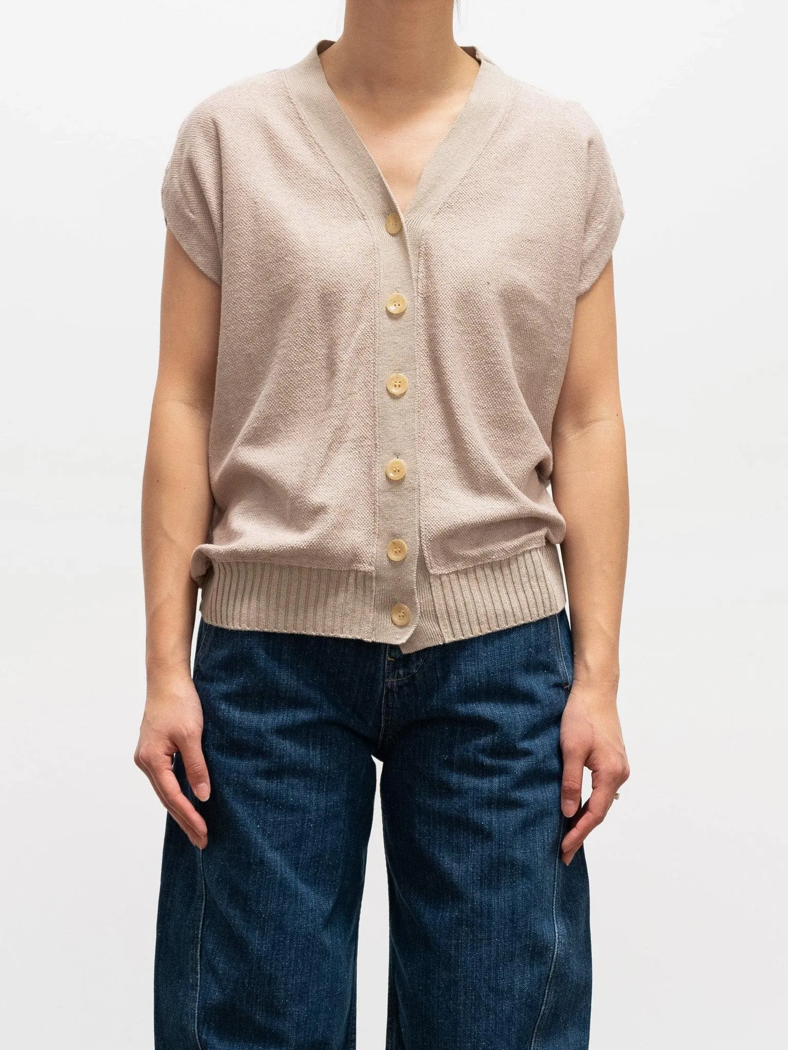 Cotton Linen Seed Stitch French Sleeve Cardigan - Beige