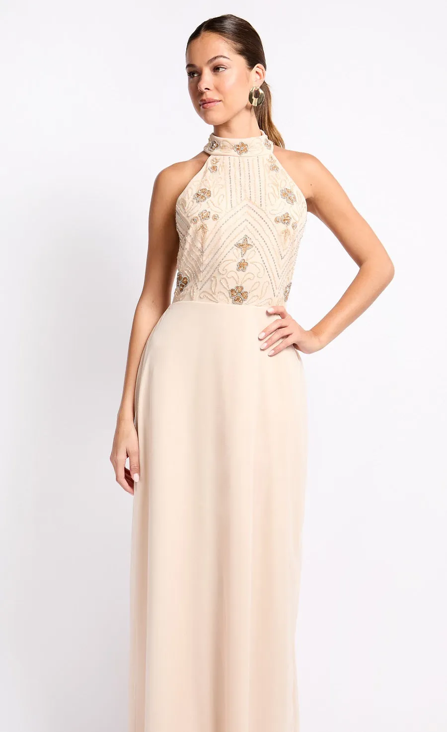 Cream Embellished High Neck Maxi Dress
