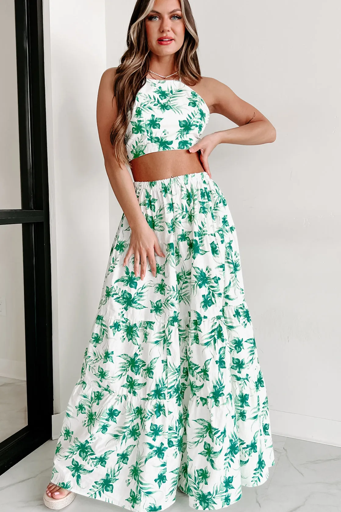 Effortless & Easy Two Piece Skirt Set (White/Green)