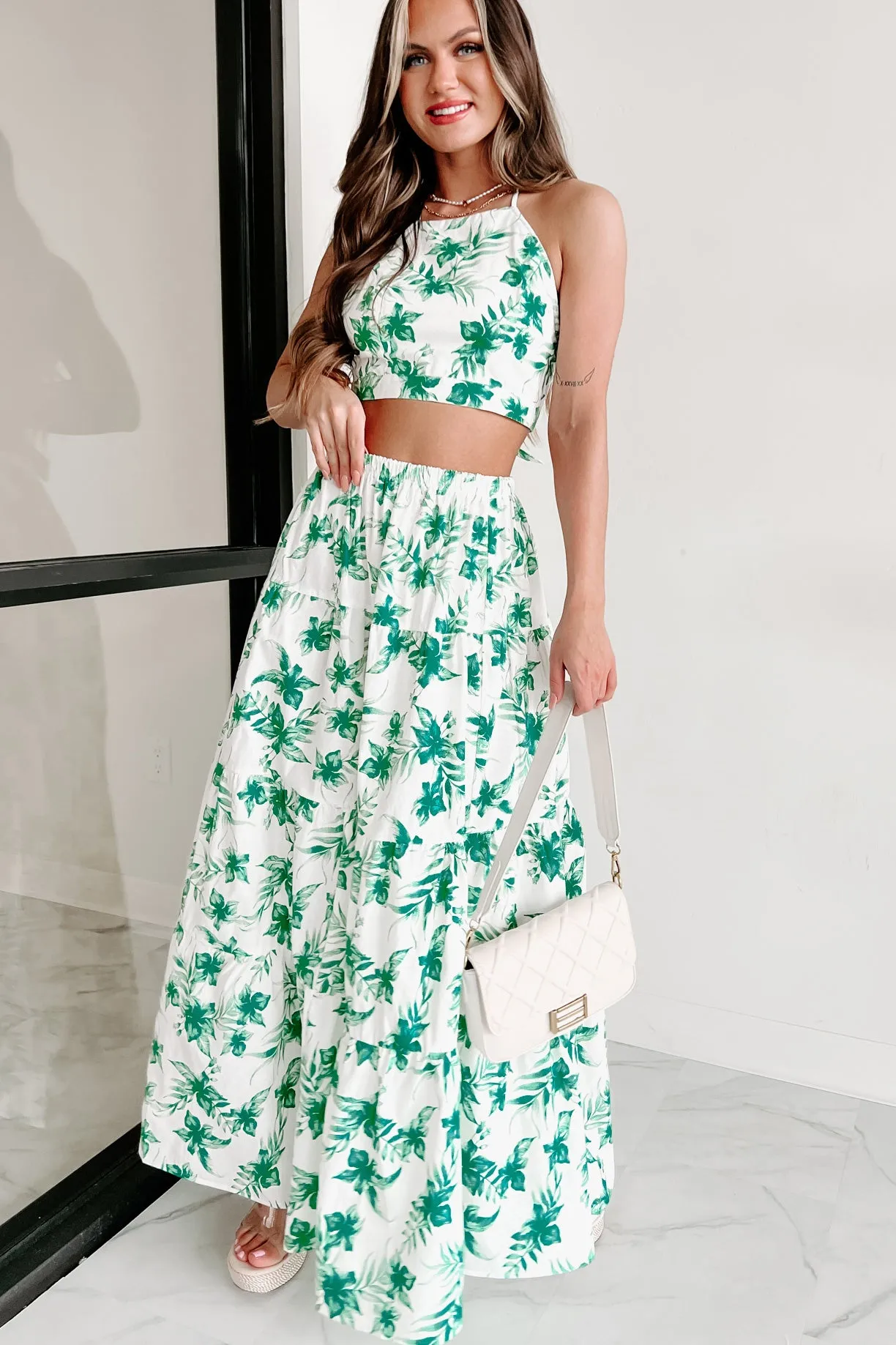 Effortless & Easy Two Piece Skirt Set (White/Green)