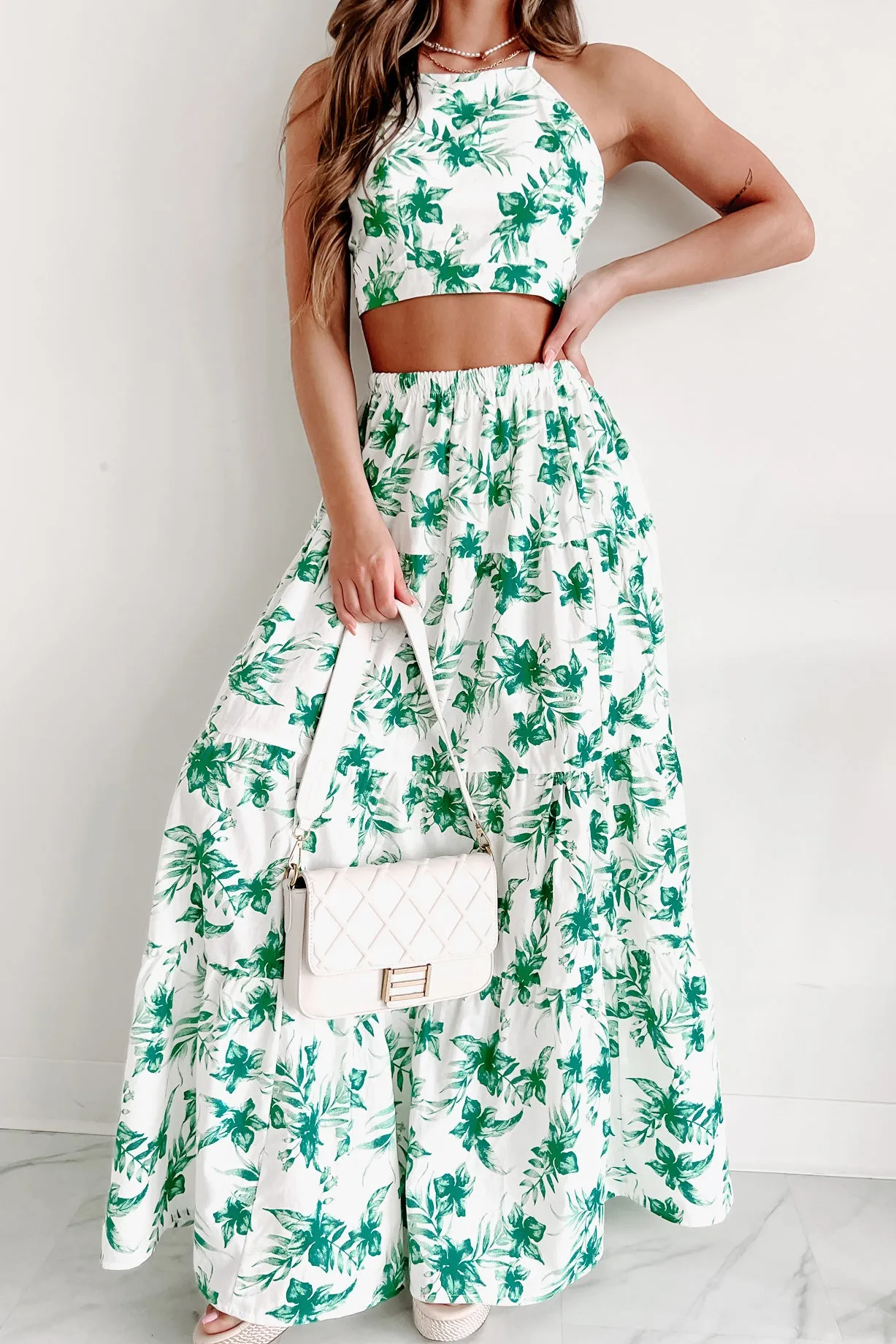 Effortless & Easy Two Piece Skirt Set (White/Green)